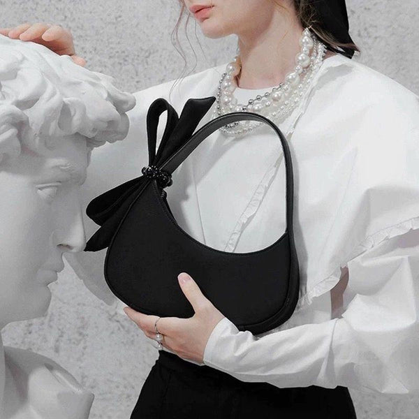 Faux PU Leather Crescent Hobo Underarm Shoulder Bag Handbag Bow Trim Black