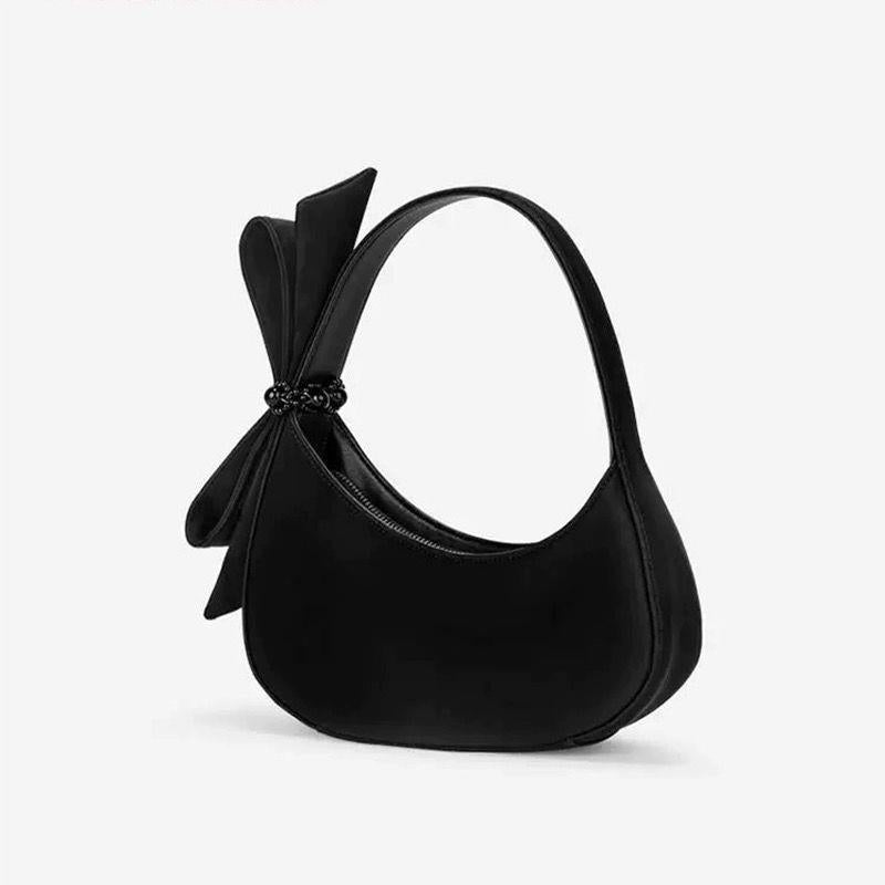 Faux PU Leather Crescent Hobo Underarm Shoulder Bag Handbag Bow Trim Black