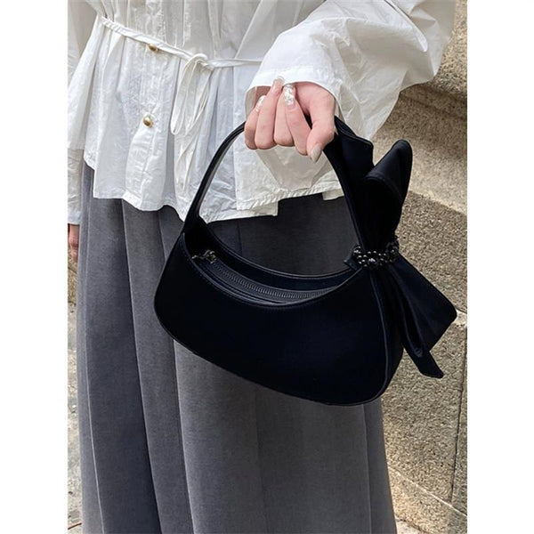 Faux PU Leather Crescent Hobo Underarm Shoulder Bag Handbag Bow Trim Black