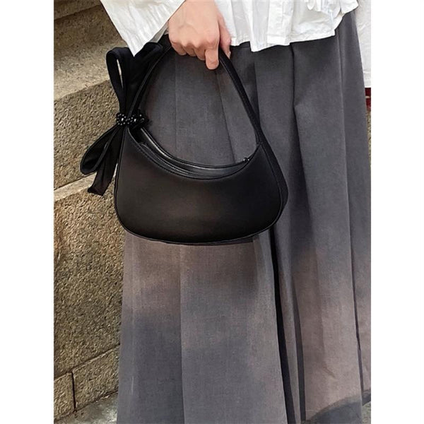 Faux PU Leather Crescent Hobo Underarm Shoulder Bag Handbag Bow Trim Black