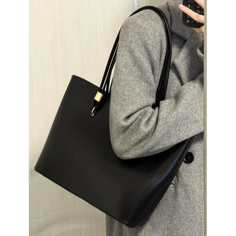 Classic Faux PU Leather Tote Shoulder Bag Handbag Gold Accents Black