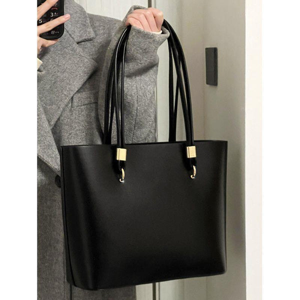 Classic Faux PU Leather Tote Shoulder Bag Handbag Gold Accents Black
