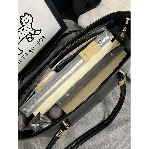 Classic Faux PU Leather Tote Shoulder Bag Handbag Gold Accents Black