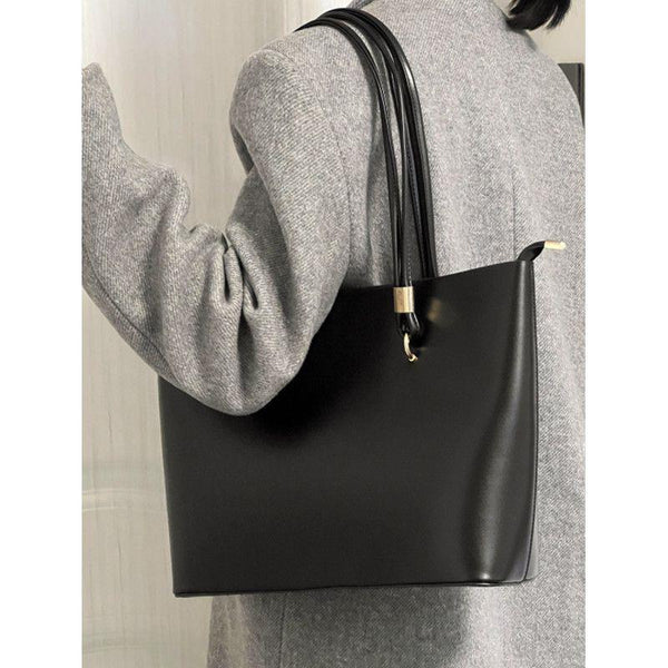 Classic Faux PU Leather Tote Shoulder Bag Handbag Gold Accents Black
