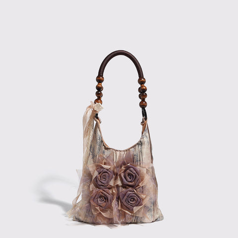Vintage Style Rose Floral Tote Shoulder Bag 3D Fabric Flowers Wooden Bead Handle