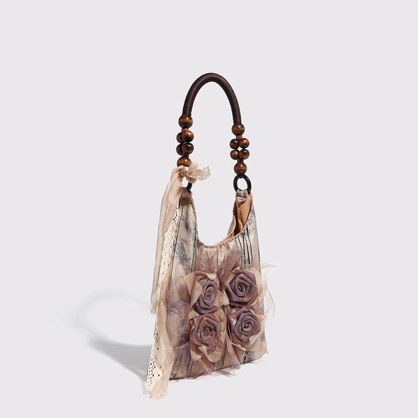 Vintage Style Rose Floral Tote Shoulder Bag 3D Fabric Flowers Wooden Bead Handle