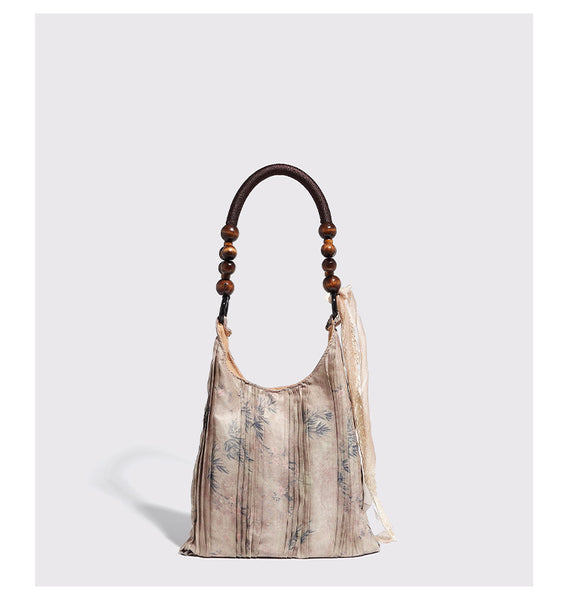 Vintage Style Rose Floral Tote Shoulder Bag 3D Fabric Flowers Wooden Bead Handle
