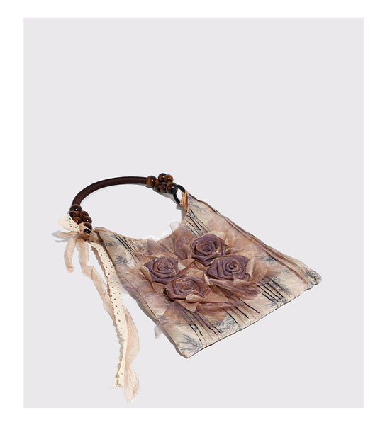 Vintage Style Rose Floral Tote Shoulder Bag 3D Fabric Flowers Wooden Bead Handle