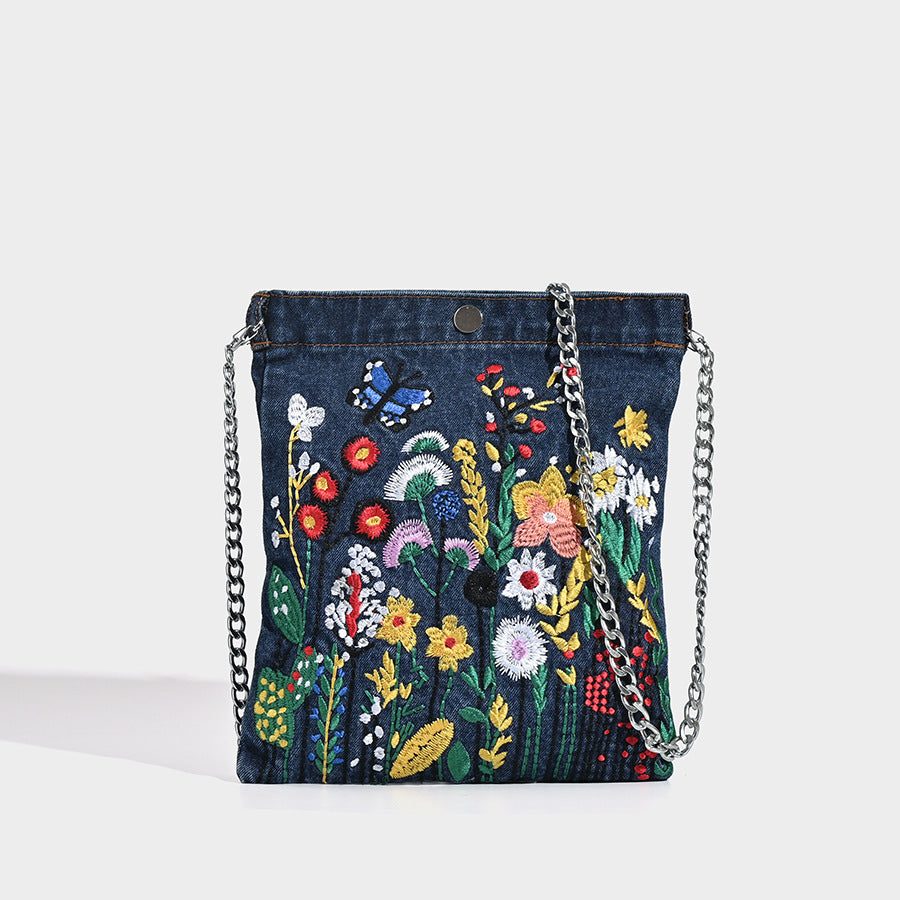 Embroidered Floral Denim Crossbody Bag Butterfly Wildflower Chain Strap