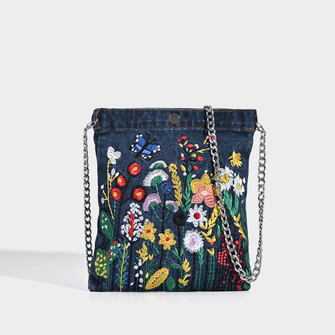 Embroidered Floral Denim Crossbody Bag Butterfly Wildflower Chain Strap