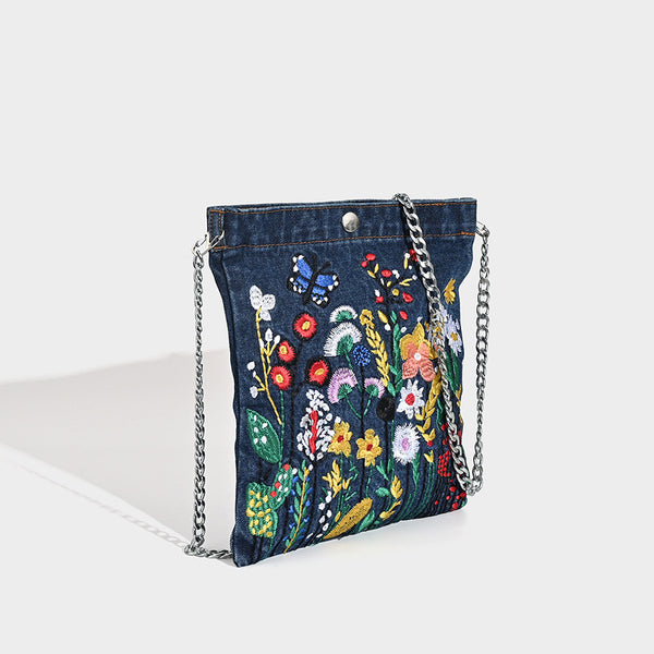 Embroidered Floral Denim Crossbody Bag Butterfly Wildflower Chain Strap