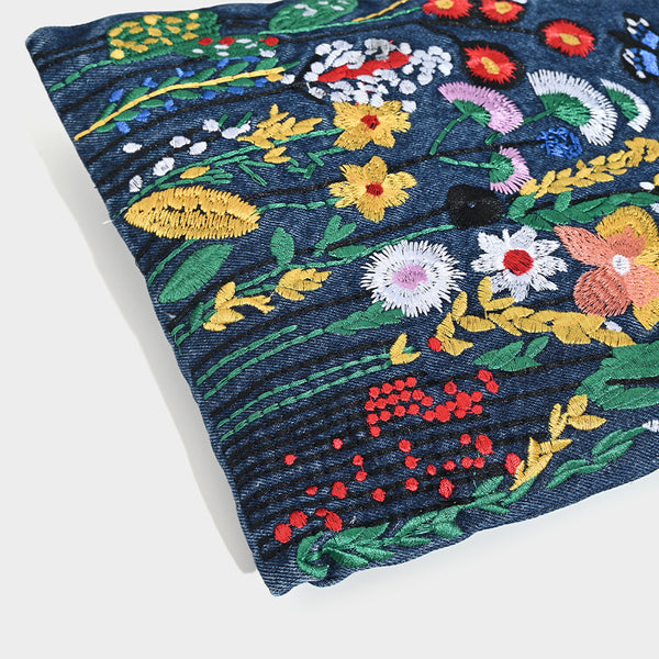 Embroidered Floral Denim Crossbody Bag Butterfly Wildflower Chain Strap