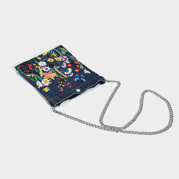 Embroidered Floral Denim Crossbody Bag Butterfly Wildflower Chain Strap