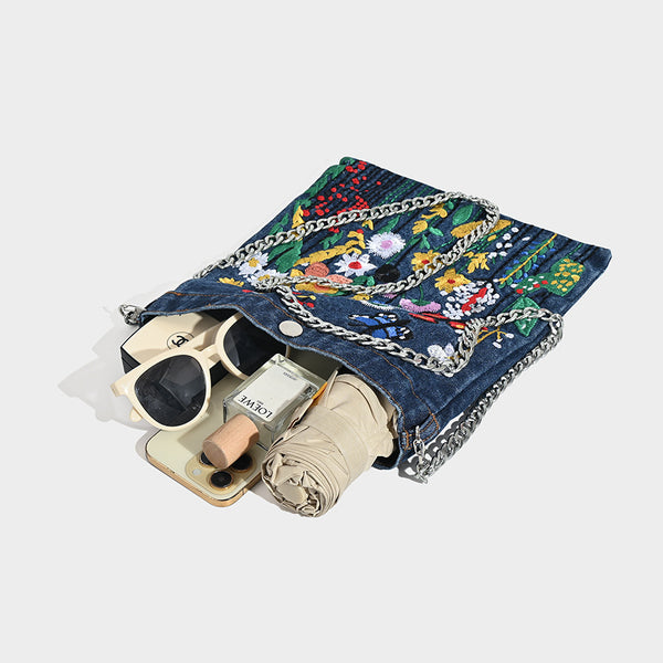 Embroidered Floral Denim Crossbody Bag Butterfly Wildflower Chain Strap