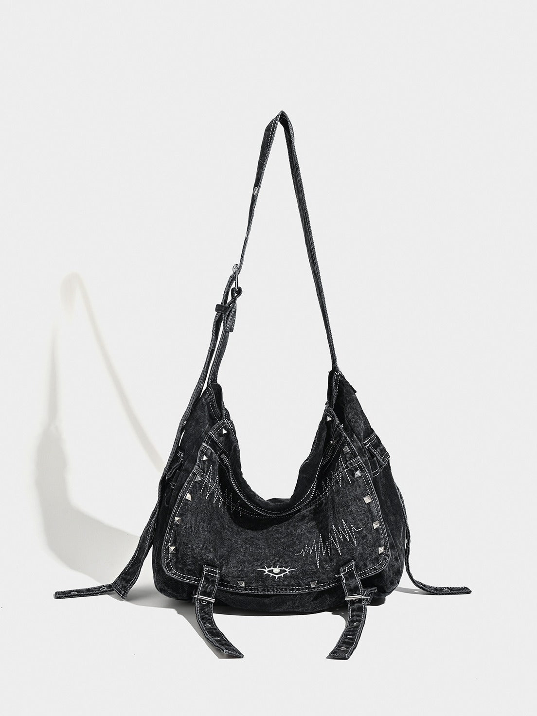 Washed Distressed Denim Hobo Slouch Messenger Bag Studs Adjustable Strap Black