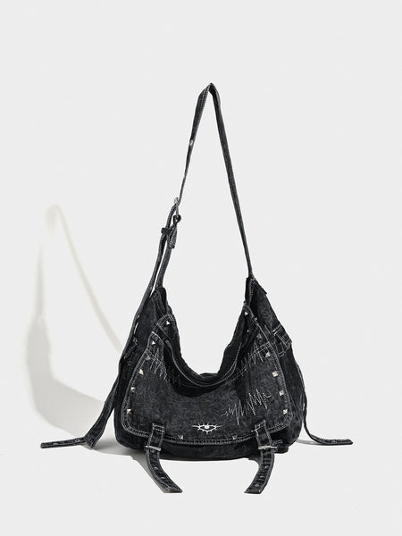 Washed Distressed Denim Hobo Slouch Messenger Bag Studs Adjustable Strap Black