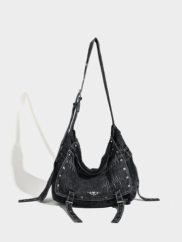 Washed Distressed Denim Hobo Slouch Messenger Bag Studs Adjustable Strap Black