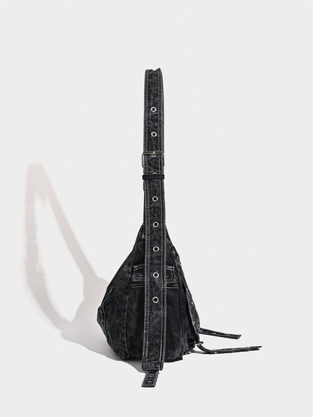Washed Distressed Denim Hobo Slouch Messenger Bag Studs Adjustable Strap Black