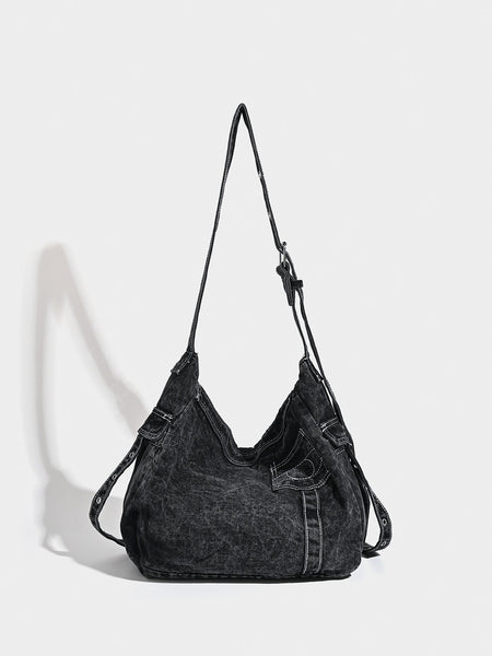 Washed Distressed Denim Hobo Slouch Messenger Bag Studs Adjustable Strap Black