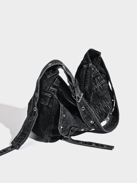 Washed Distressed Denim Hobo Slouch Messenger Bag Studs Adjustable Strap Black