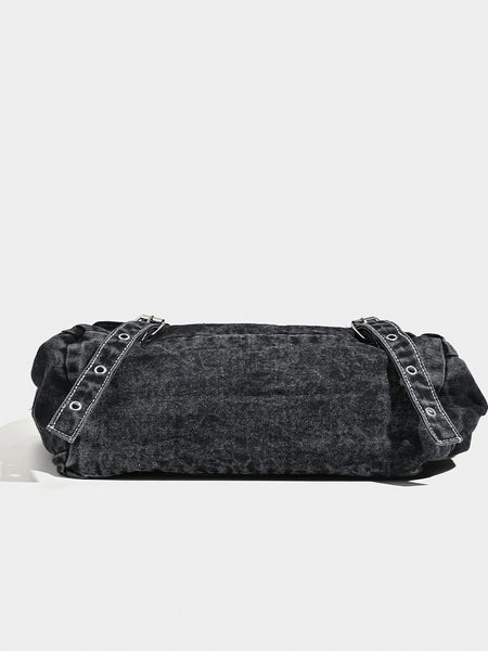 Washed Distressed Denim Hobo Slouch Messenger Bag Studs Adjustable Strap Black