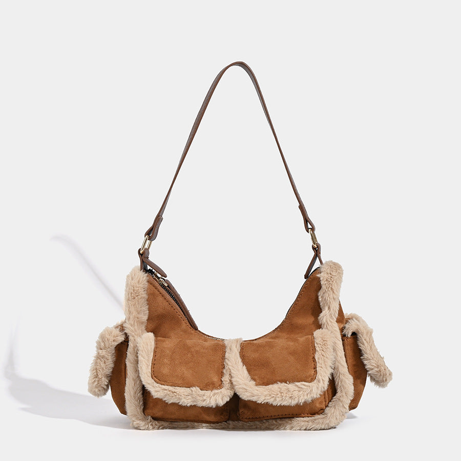 Faux Suede Shearling Trim Hobo Baguette Shoulder Bag Handbag Multi Pocket Brown