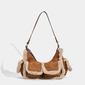 Faux Suede Shearling Trim Hobo Baguette Shoulder Bag Handbag Multi Pocket Brown
