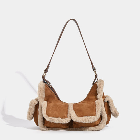 Faux Suede Shearling Trim Hobo Baguette Shoulder Bag Handbag Multi Pocket Brown