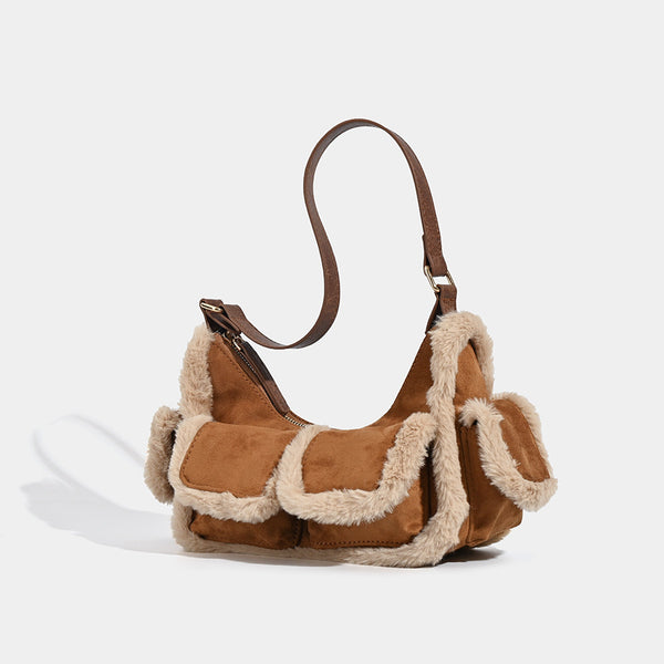 Faux Suede Shearling Trim Hobo Baguette Shoulder Bag Handbag Multi Pocket Brown