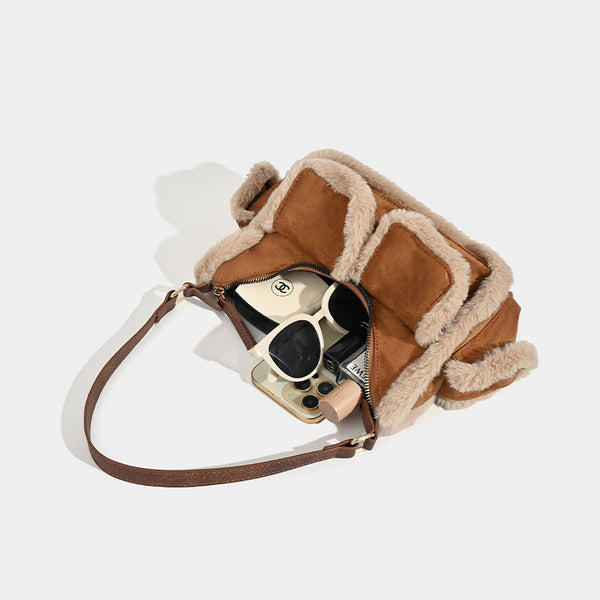 Faux Suede Shearling Trim Hobo Baguette Shoulder Bag Handbag Multi Pocket Brown