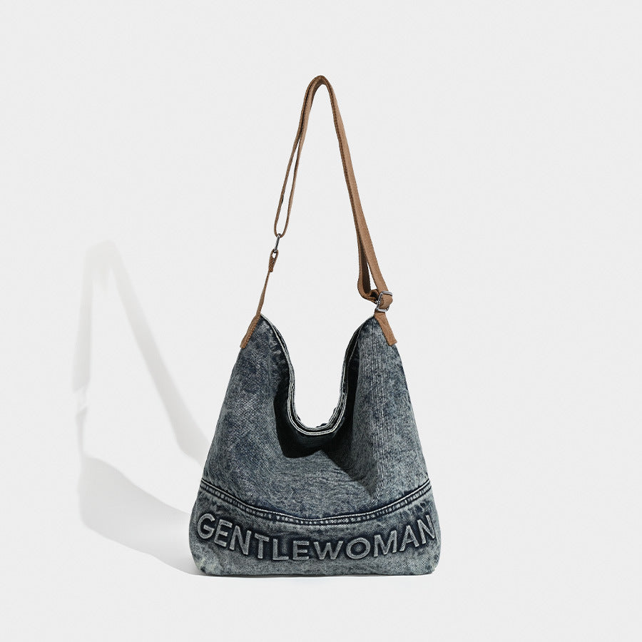Acid Wash Denim Tote Crossbody Shoulder Bag Canvas Strap Casual Blue