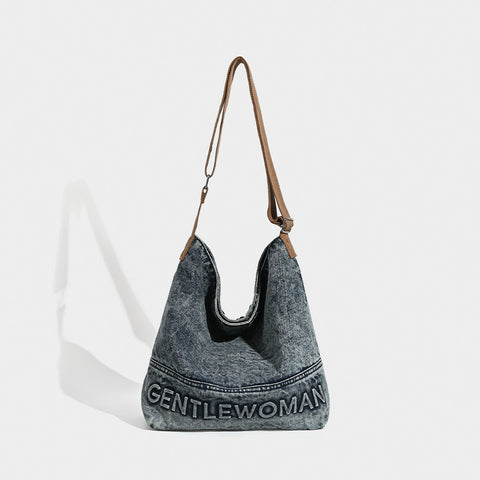 Acid Wash Denim Tote Crossbody Shoulder Bag Canvas Strap Casual Blue