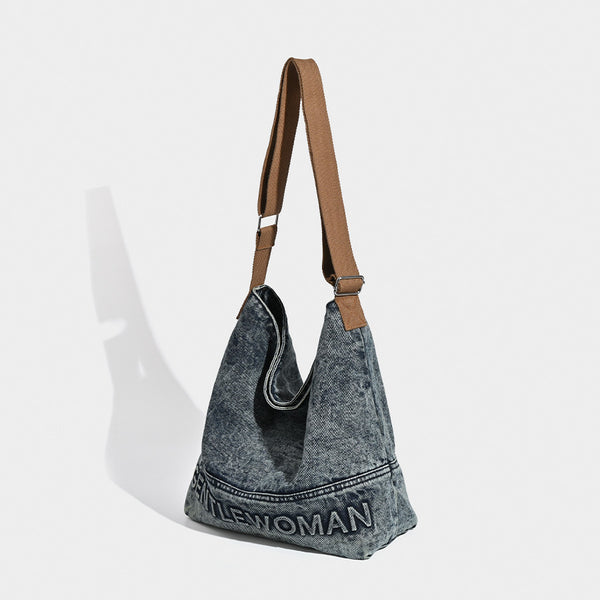 Acid Wash Denim Tote Crossbody Shoulder Bag Canvas Strap Casual Blue