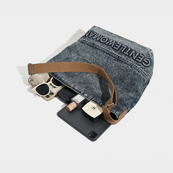 Acid Wash Denim Tote Crossbody Shoulder Bag Canvas Strap Casual Blue