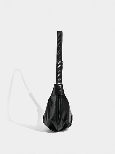 Ruched Faux PU Leather Croissant Dumpling Underarm Shoulder Bag Black