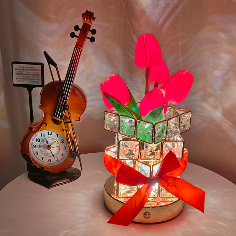 Tulip Crystal Cube LED Table Bedside Lamp Light USB Rechargeable Touch Control Red
