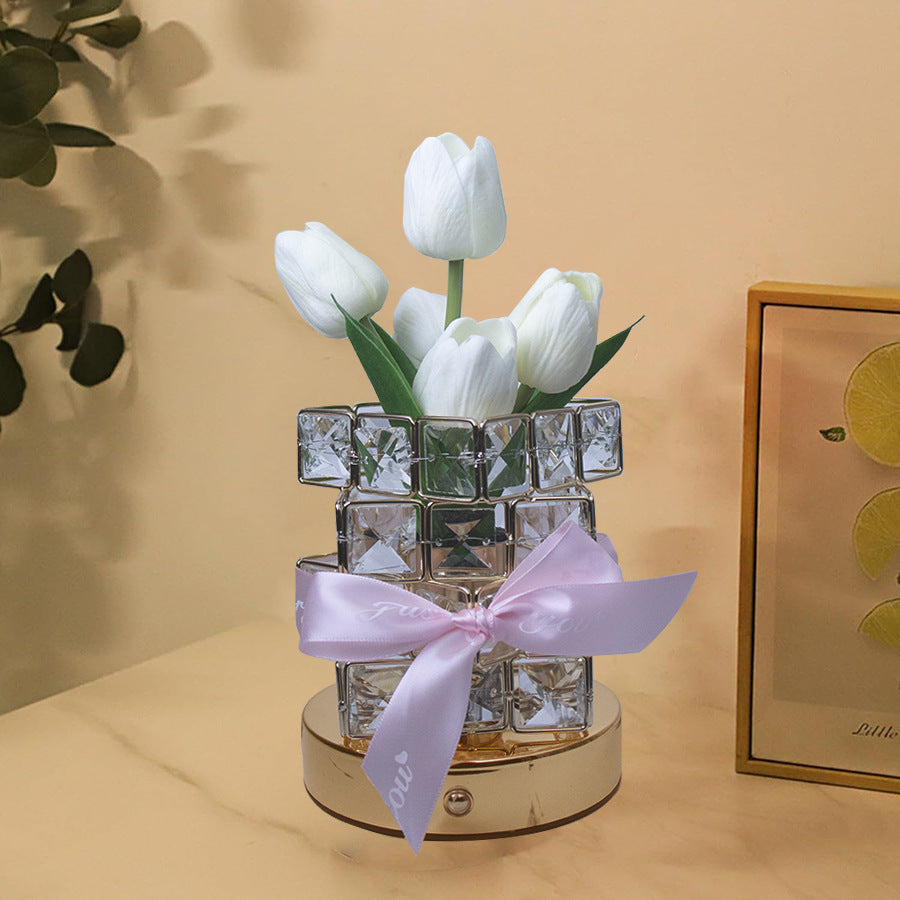 Tulip Crystal Cube LED Table Bedside Lamp Light USB Rechargeable Touch Control White