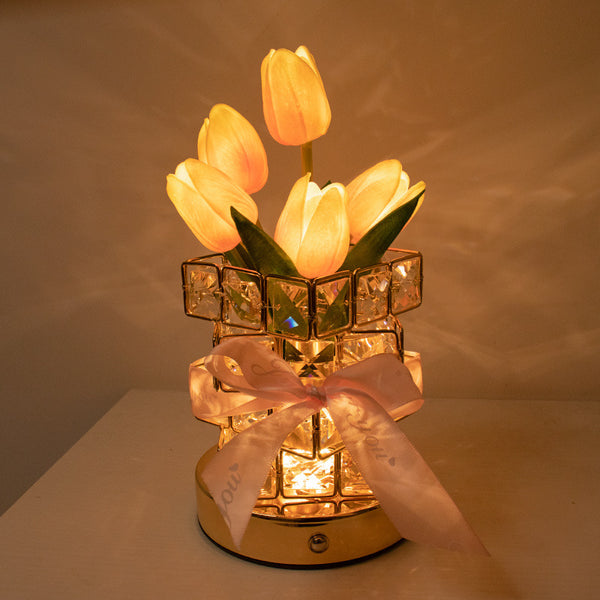 Tulip Crystal Cube LED Table Bedside Lamp Light USB Rechargeable Touch Control White