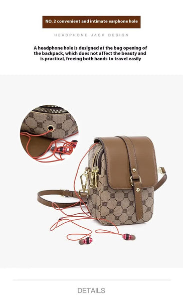 PU Leather Crossbody Phone Shoulder Bag Handbag Headphone Port Brown