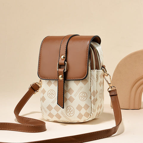 PU Leather Crossbody Phone Shoulder Bag Handbag Headphone Port Brown Beige