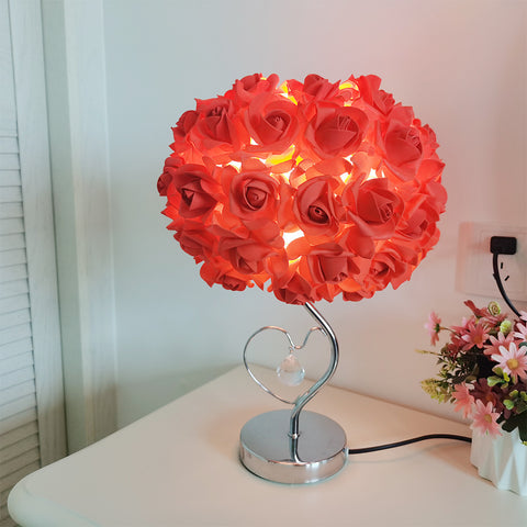 Rose Flower Bouquet Table Lamp Light Chrome Base Crystal Heart Accent Red