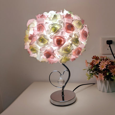 Rose Flower Bouquet Table Lamp Light Chrome Base Crystal Heart Accent Pink Green