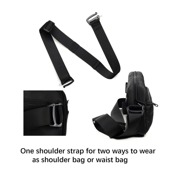 Lightweight Nylon Quilted Belt Waist Crossbody Sling Bag Fanny Pack Black