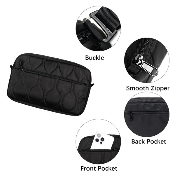 Lightweight Nylon Quilted Belt Waist Crossbody Sling Bag Fanny Pack Black