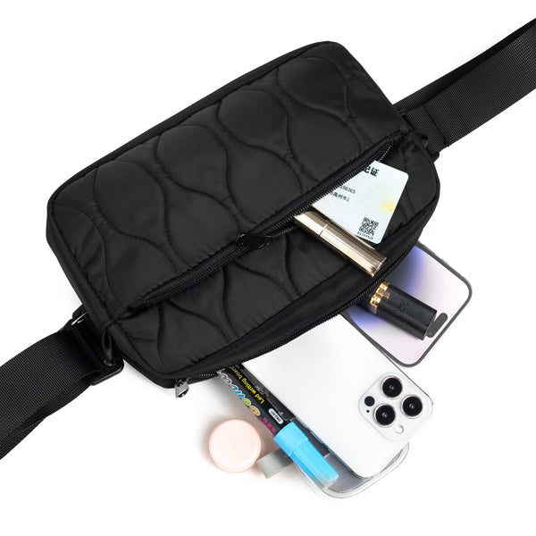 Lightweight Nylon Quilted Belt Waist Crossbody Sling Bag Fanny Pack Black