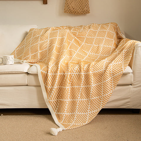 Geometric Diamond Knitted Acrylic Tassel Throw Blanket Rug 130 x 150cm Yellow Beige