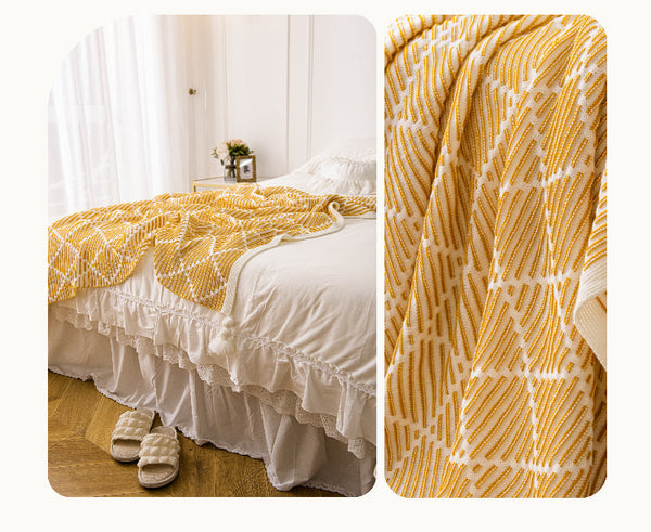 Geometric Diamond Knitted Acrylic Tassel Throw Blanket Rug 130 x 150cm Yellow Beige