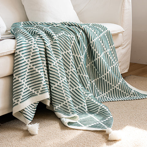 Geometric Diamond Knitted Acrylic Tassel Throw Blanket Rug 130 x 150cm Green Beige