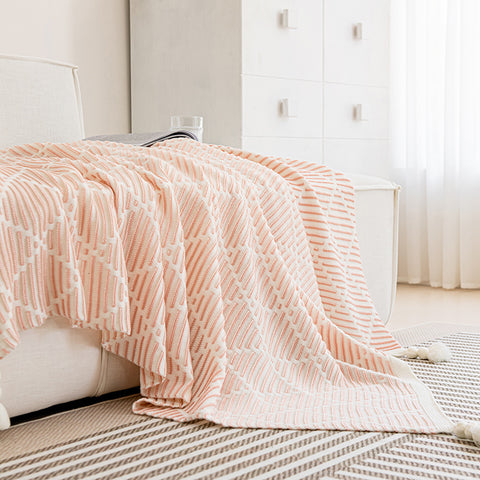 Geometric Diamond Knitted Acrylic Tassel Throw Blanket Rug 130 x 150cm Pink Beige