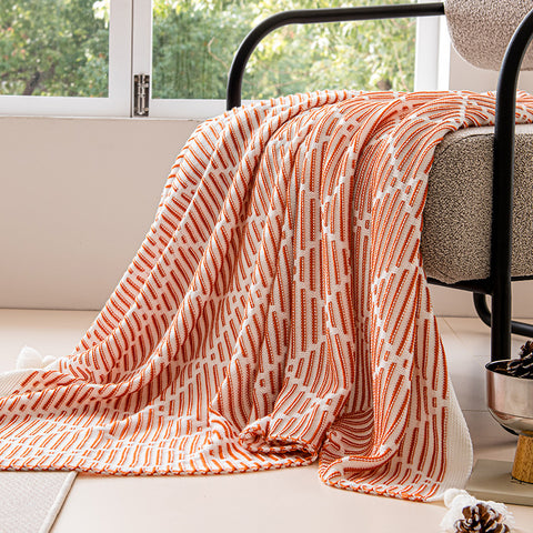 Geometric Diamond Knitted Acrylic Tassel Throw Blanket Rug 130 x 150cm Orange Beige